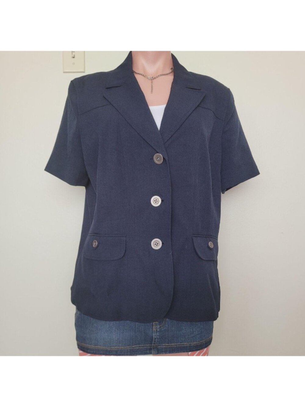 Conradc Preppy Navy Blue Structured Short Sleeve Blazer Jacket (14 / L)